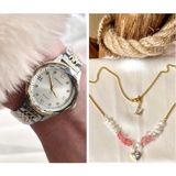 Ferrucci Kristal Efektli Taşlı Kadran Kadın Kol Saat+Çelik Kolye Hediye - Gümüş - Altın
