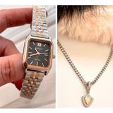 Ferrucci Minimal Kare Kadran Kadın Kol Saati+Çelik Kolye Hediye - Rose Gold - Siyah