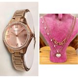 Ferrucci Modern Kasa Şık Çelik Kadın Kol SAAT+%100 Çelik Kolye Hediye Set - Rose Gold