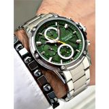 Ferrucci Silver Renk Çelik Kordon Kronometreli Spor Model Erkek Kol Saati+Bileklik Hediyeli - Yeşil - Gümüş