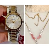 Ferrucci Taşlı Kadran Rolex Kasa Çelik Kadın Kol Saati+Çelik Kolye Hediye - Altın - Gümüş