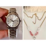 Ferrucci Taşlı Kadran Rolex Kasa Çelik Kadın Kol Saati+Çelik Kolye Hediye - Gümüş