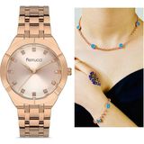Ferrucci Taşlı Kasa Çelik Kadın Kol Saati+Nazarlıklı Set - Rose Gold