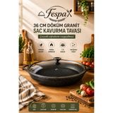 Fespa 36 cm Döküm Granit Sac Kavurma Tavası Cam Kapaklı Yapışmaz Yüzey Fırına Uygun 7-8 Kişilik