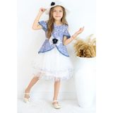 FESSHERA 🎀 Kız Çocuk Özel Gün Elbisesi Şapka ve Kemer Takımı - Çiçek Desenli, Tüllü ve Şapkalı Tasarım 🎀 - 8 - 9 Yaş - Mavi