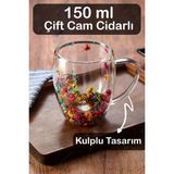 Fesya Home Çift Camlı Cidarlı Kulplu Bardak 150ML Çiçek Dekorlu Isıya Dayanıklı Bardak - 1 Adet - 150 ml