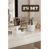 Fesya Home Corner-Fanus Üçgen ve 7 Bölmeli Makyaj Organizeri Seti Masa Üstü Düzenleyici Organizer - Beyaz - Mat