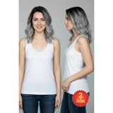 Fevien 2'li Kadın Beyaz %100 Pamuklu Dantelli Kalın Askılı Ribana Atlet (S-5xl) - 3XL