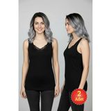 Fevien 2'li Kadın Siyah %100 Pamuklu Dantelli Kalın Askılı Ribana Atlet (S-5xl) - 3XL