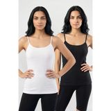 Fevien 2'li Paket Kadın %95 Pamuklu Ip Askılı Ribana Atlet Esnek Nefes Alan Kumaş Günlük Basic Iç Giyim Vücudu Saran Kaşkorse Tarzı Ikili Set - Siyah-Beyaz - XL