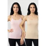 Fevien 2'li Paket Kadın %95 Pamuklu Ip Askılı Ribana Atlet Esnek Nefes Alan Kumaş Günlük Basic Iç Giyim Vücudu Saran Kaşkorse Tarzı Ikili Set - Ten - Pembe