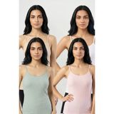 Fevien 4'lü Paket Kadın %95 Pamuklu Ip Askılı Ribana Atlet Esnek Nefes Alan Kumaş Günlük Basic Iç Giyim Vücudu Saran Kaşkorse Tarzı Çoklu Rahat Kombinlenebilir Dörtlü Set - 2XL