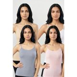 Fevien 4'lü Paket Kadın %95 Pamuklu Ip Askılı Ribana Atlet Esnek Nefes Alan Kumaş Günlük Basic Iç Giyim Vücudu Saran Kaşkorse Tarzı Çoklu Rahat Kombinlenebilir Dörtlü Set