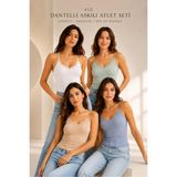 Fevien 4'lü Paket Kadın Pamuklu Ince Askılı Dantel Detaylı Bisiklet Yaka Ribana Esnek Atlet Günlük Rahat Iç Giyim Çoklu Set - Çok renkli 13 - 2XL