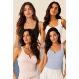 Fevien 4'lü Paket Kadın Pamuklu V Yaka Çentik Detaylı Kalın Askılı Fitilli Penye Kaşkorse Atlet Günlük Basic Şık Esnek Spor Iç Giyim Ribana Üst - Çok renkli 10 - XL