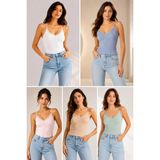 Fevien 5'li Paket Kadın Pamuklu Ince Askılı Dantel Detaylı Bisiklet Yaka Ribana Esnek Atlet Günlük Rahat Iç Giyim Çoklu Set - Çok renkli 06 - XL