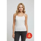 Fevien Kadın %100 Pamuk Jakarlı Dantelli Askılı Atlet Kaşkorse - Ekru - 2XL