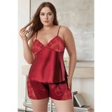 Fevien Kadın Büyük Beden Bordo Saten Şortlu Pijama Takımı Dantelli - 2XL