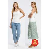 Fevien Kadın Ekru Rengi %100 Pamuk Kaşkorse Dantelli Ince Askılı Atlet 2'li Paket - XL