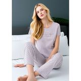 Fevien Kadın Lila Pamuklu Kısa Kollu Pijama Takımı - Baskılı Alt Üst Set - Mor - 3XL