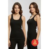 Fevien Kadın Siyah 2'li Paket %100 Pamuk Kaşkorse Dantelli Kalın Askılı Atlet - 2XL