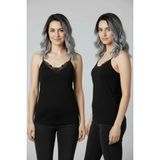 Fevien Kadın Siyah 2'li Paket V Yaka Dantel Detaylı Ince Askılı %100 Pamuklu Ribana Atlet - 2XL