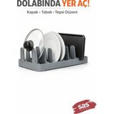 Fevito Dolap İçi Tabak & Tencere Kapağı Düzenleyici 6 Bölmeli – Çok Amaçlı Mutfak Organizer – Yer Tasarrufu Sağlayan Raf - Gri