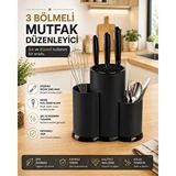 Fevito Tezgah Üstü Bölmeli Bıçaklık - Kaşık Kepçe Bıçak Standı Mutfak Düzenleyici Organizer Kaşıklık Siyah S-10137