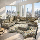 Feyza Decor Home Gri Modern L Şark Köşesi Takımı - Geometrik Kilim Desenli Büyük Boy Yer Minderi Seti - Balkon ve Teras Sedir