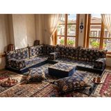 Feyza Decor Home Otantik Kilim Desenli L Sedir Takımı - Yer Minderi Seti - Kırlentli ve Kol Dayamalı Modern Şark Köşesi