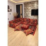 Feyza Decor Home Otantik Milas Desen Şark Köşesi – 13 Parça Süngerli Sedir, Kilim ve Puf Takımı - Kırmızı