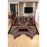 Feyza Decor Home Otantik Saraylı Desenli 9 Parça Şark Köşesi Puf ve Kilim Seti - Bordo