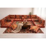 FEYZA DECOR HOME Şark Köşesi - Kırmızı Otantik Kilim Desenli Dev Yer Minderi Takımı - Komple Salon ve Teras Sedir Seti-Full Set