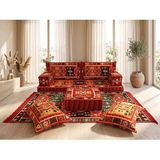 Feyza Decor Home Şark Köşesi Takımı - Kilim Desenli Yer Minderi Seti - Orta Puflu ve Kırlentli Modern Sedir Takımı 9 Parça Kırmızı