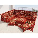 Feyza Decor Home Şark Köşesi Takımı - Yörük Kilim Desenli L Tipi Yer Minderi Seti - Kırmızı