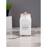 Feyza Design 1000 ml Porselen Şeker Kavanozu, Bambu Vakumlu Kapaklı, Şık ve Kullanışlı - Ahşap - Beyaz