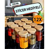 Feyza Design 12'li 250ML Bambu Kapaklı Borosilikat Cam Baharatlık ve Etiket Seti - Seçenek 1