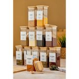 Feyza Design 12'li 300ML Kare Bambu Vakum Kapaklı Borosilikat Cam Baharatlık Seti - Seçenek 1