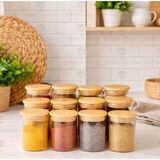 Feyza Design 12'li Bambu Kapaklı 250 ml Cam Vakumlu Baharatlık Seti - Seçenek 1