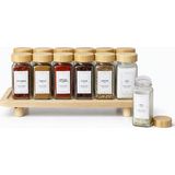 Feyza Design 12'li Bambu Kapaklı Ahşap Standlı Cam Baharatlık Seti, 120ML, Etiket Dahil - Seçenek 1