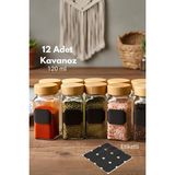Feyza Design 12’li Bambu Kapaklı Kare Cam Baharatlık Seti, Etiket Hediyeli - Ahşap