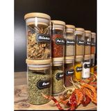 Feyza Design 12'li Bambu Vakumlu Cam Baharatlık Seti, 180ML, Kapaklı, Etiketli - Seçenek 1