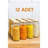 Feyza Design 12'li Çizgili Cam Kavanoz Saklama Seti, 1500 Ml, Vakum Kapaklı, Büyük Boy - Ahşap - Beyaz - Seçenek 1