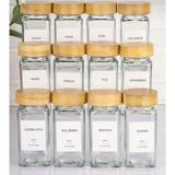 Feyza Design 12'li Kare Cam Baharatlık Seti, Bambu Kapaklı, Etiketli, 120 ml - Seçenek 1