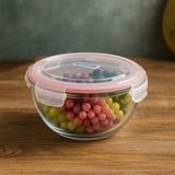 Feyza Design 2000 ml Yuvarlak Cam Saklama Kabı Pembe Kapaklı, Mikrodalga Uygun - Ahşap - Beyaz
