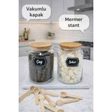 Feyza Design 2'li Mermer Stantlı Vakumlu Cam Baharatlık Seti (890CC) Bambu Kaşıklı - Seçenek 1