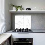 Feyza Design 2'li Siyah Beyaz Mermer Desenli Ocak Koruyucu ve Cam Kesme Tahtası Seti - Ahşap - Beyaz - Seçenek 1