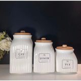 Feyza Design 3 Boy Bambu Vakum Kapaklı Porselen Kavanoz Seti Beyaz - Ahşap - Beyaz
