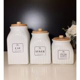 Feyza Design 3 Boy Etiketli Porselen Bambu Kapaklı Saklama Kabı - Ahşap - Beyaz