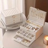 Feyza Design 3 Katlı Modern Suni Deri Takı Organizer Kutusu, Kilitli ve Anahtarlı - Ahşap - Beyaz